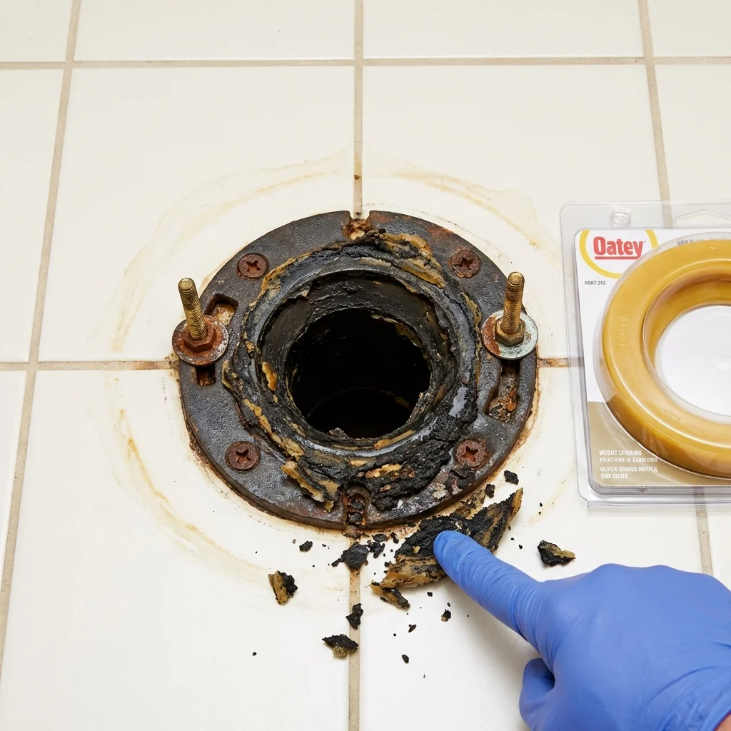 Failed wax ring showing water seepage at the base of a toilet in a Caledonia, MI home
