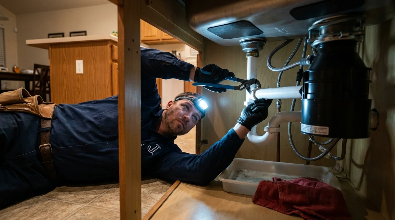 P-trap and supply line connections under a kitchen sink showing a common leak point in Caledonia, MI